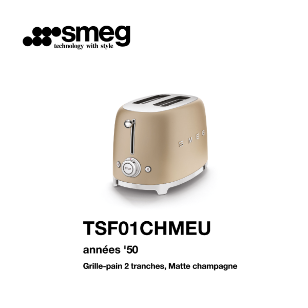 Grille-pain 2 tranches smeg Couelur matte champagne TSF01CHMEU