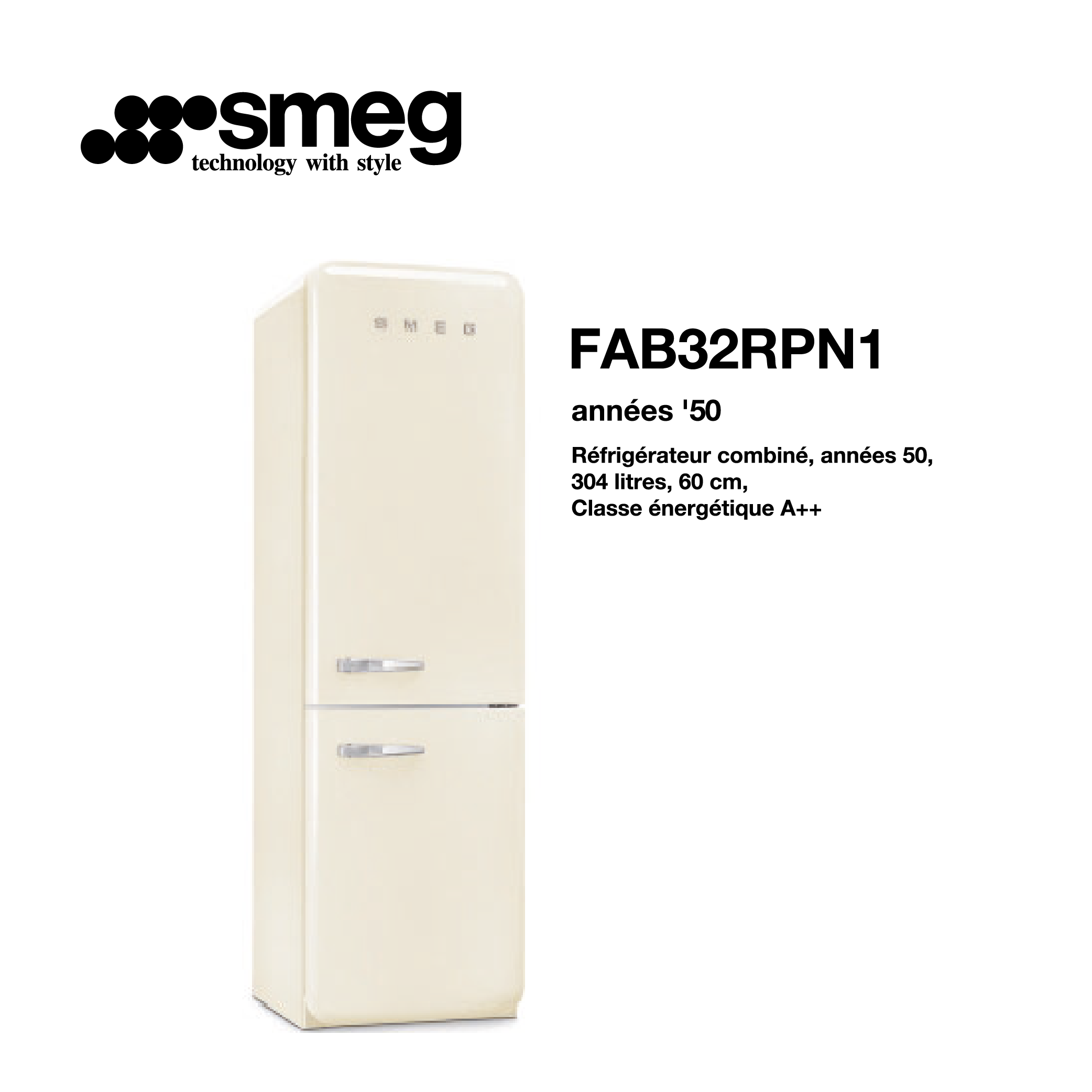 Réfrigérateur combiné smeg 304 litre – 60cm couleur Beige FAB32RPN1