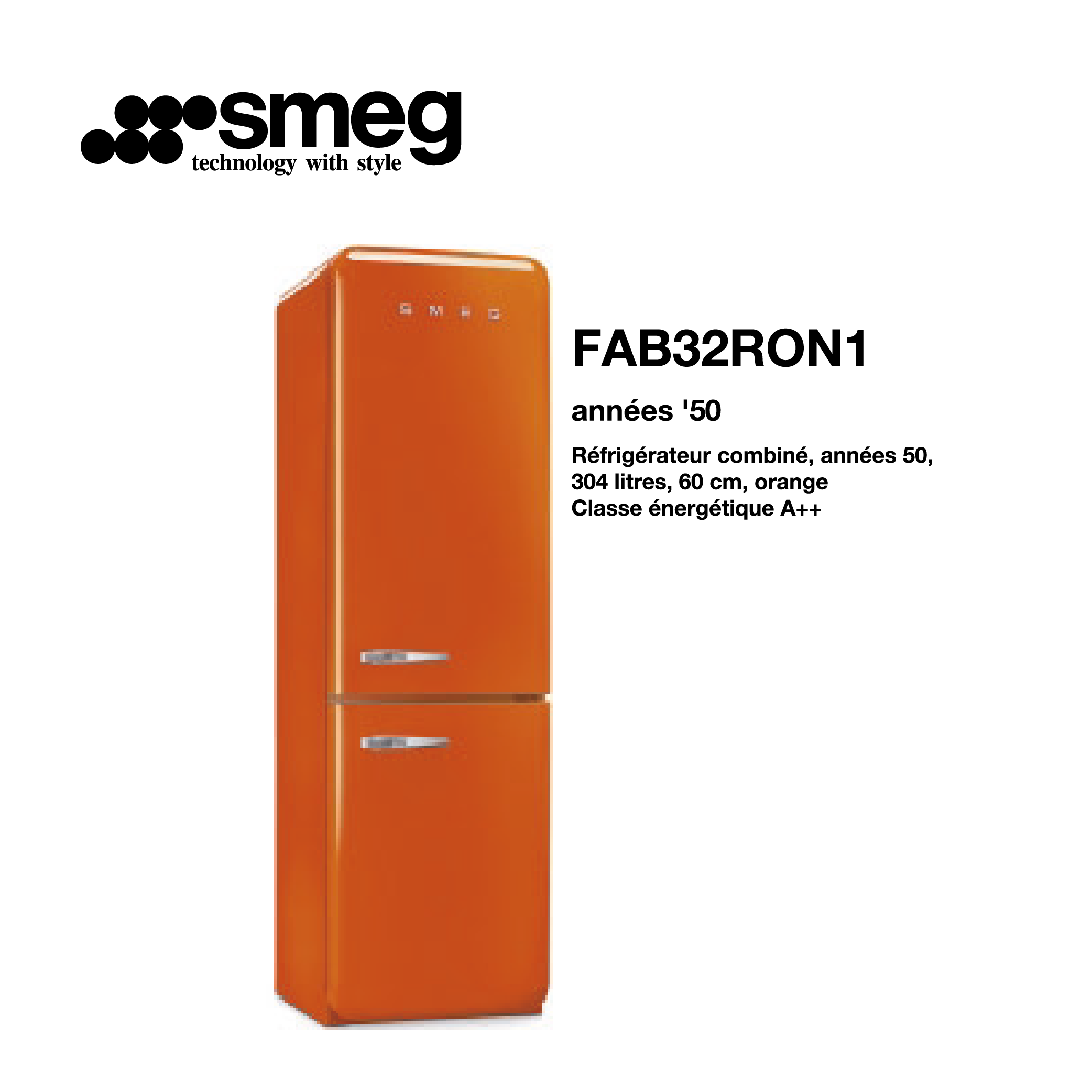 Réfrigérateur combiné smeg 304 litre – 60cm couleur Orange FAB32RON1
