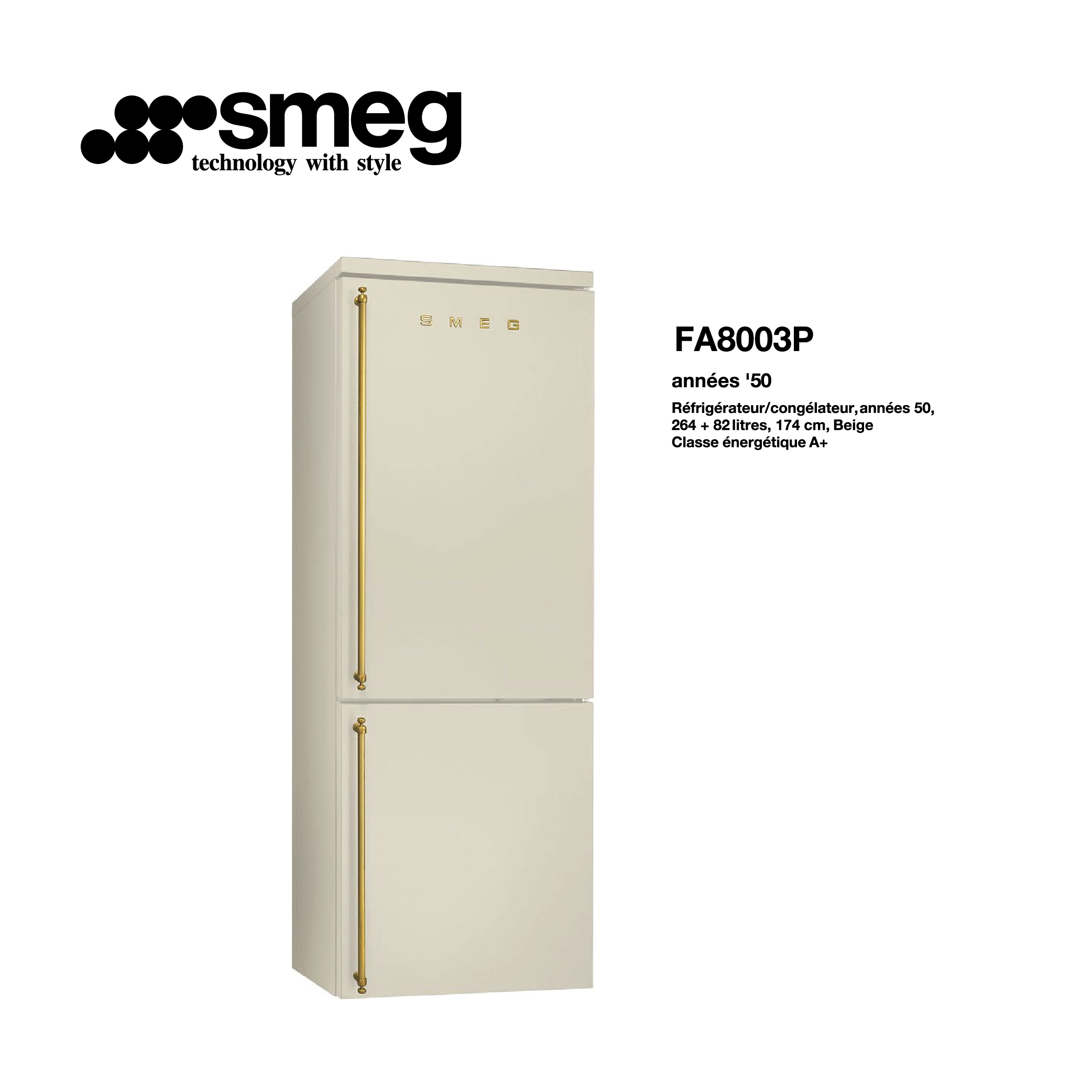Réfrigérateur congélateur smeg 264 + 82 Litre 174cm couleur Beige 2 portes style Vintage FA8003P