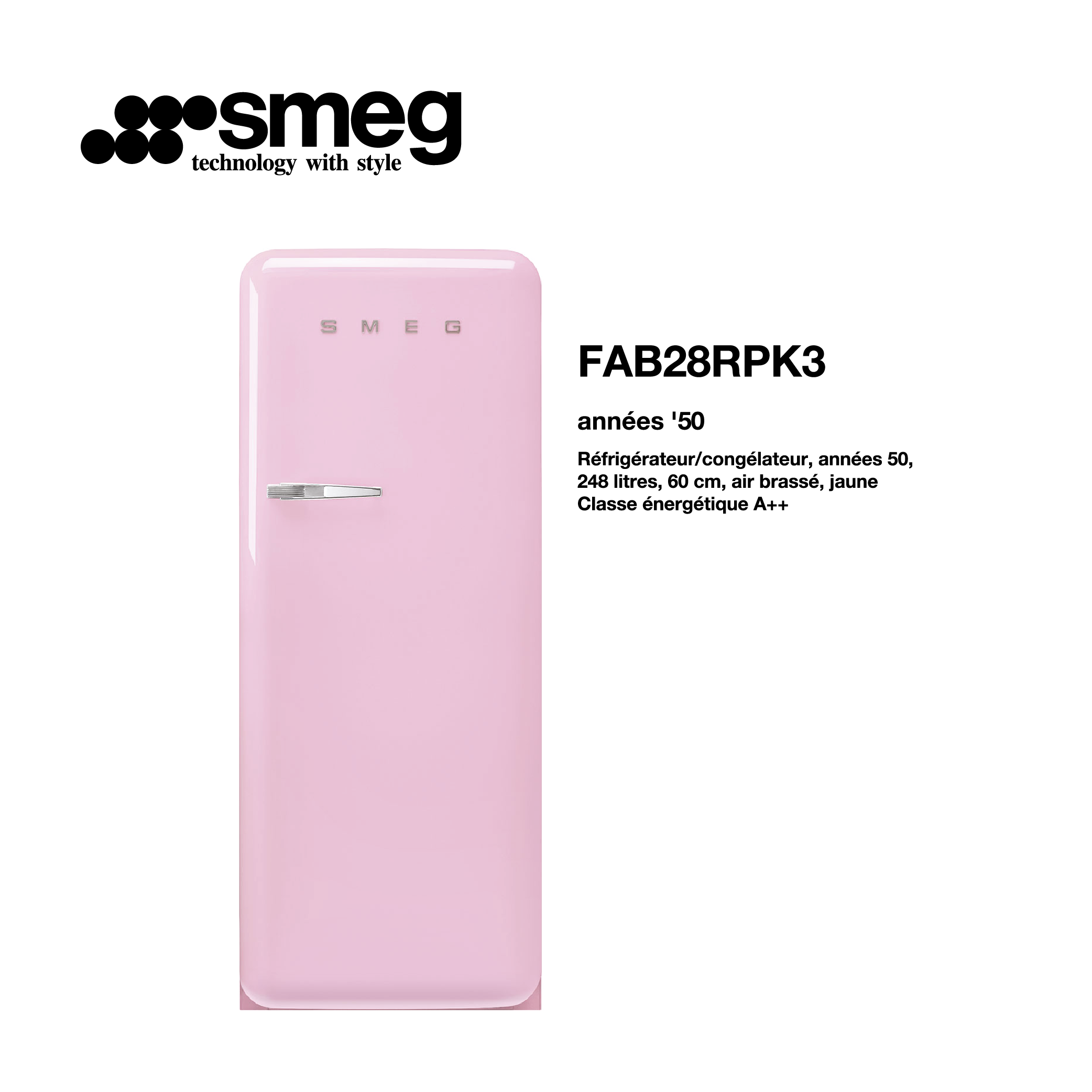 Réfrigérateur congélateur smeg Air brassé 248 Litre 60cm couleur Rose style années 50 FAB28RPK3