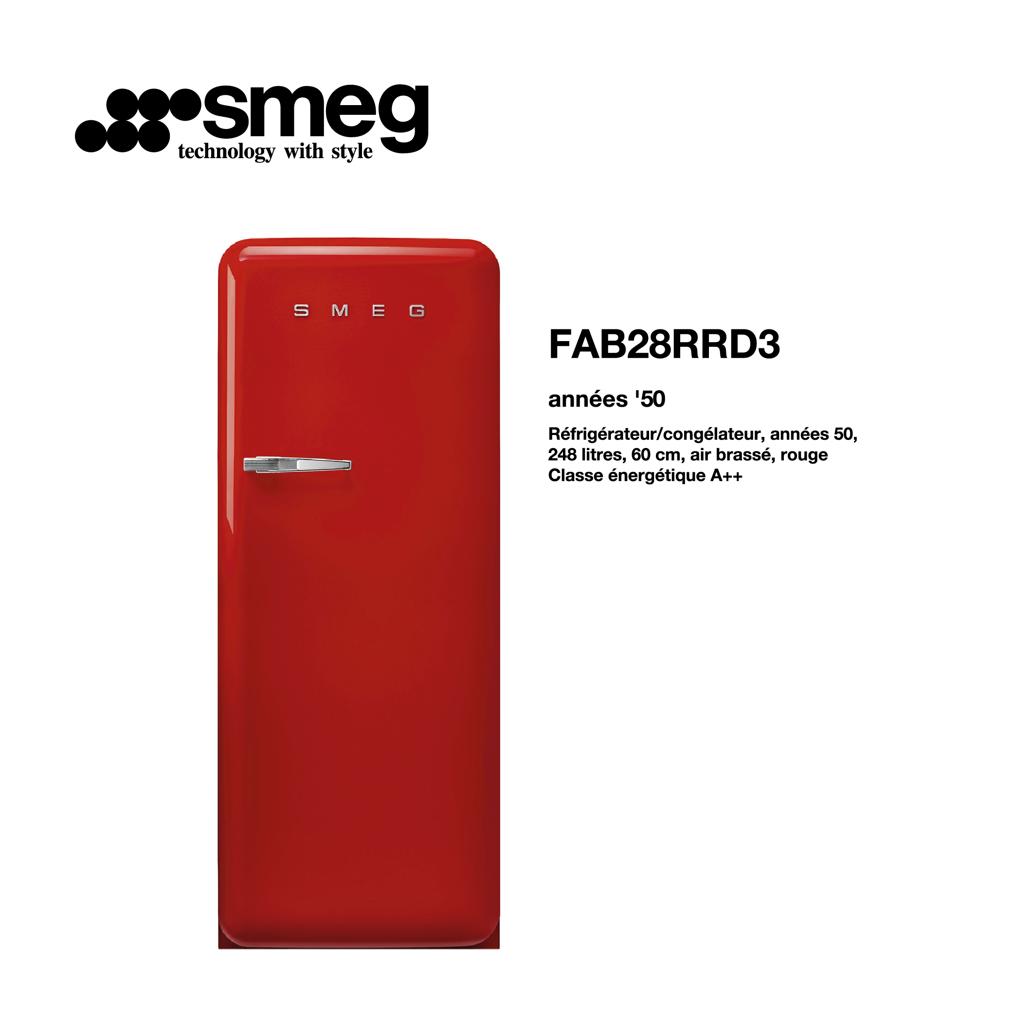 Réfrigérateur congélateur smeg Air brassé 248 Litre 60cm couleur Rouge style années 50 FAB28RRD3