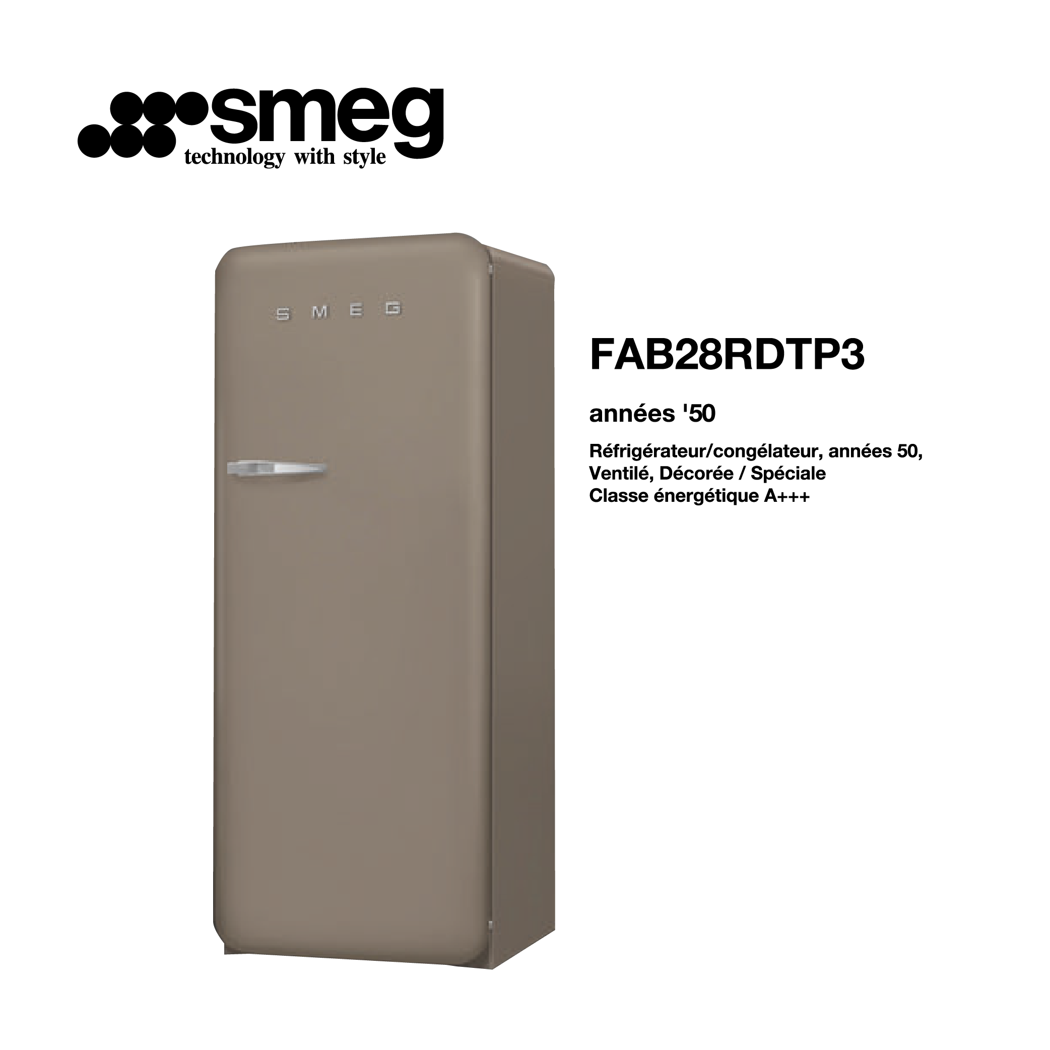 Réfrigérateur congélateur smeg Air brassé 248 Litre 60cm couleur Tapupe style années 50 FAB28RDTP3