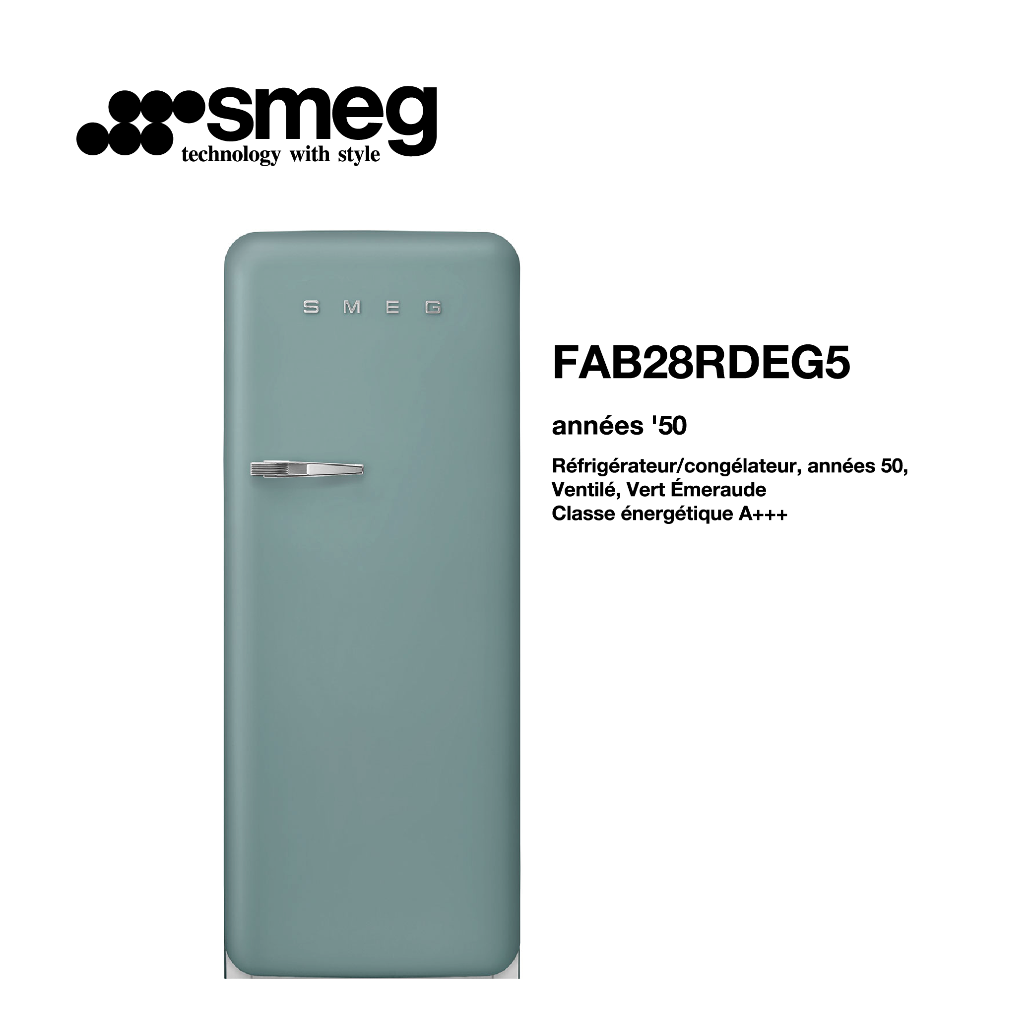 Réfrigérateur congélateur smeg Air brassé 248 Litre 60cm couleur Vert émeraude style années 50 FAB28RDEG5