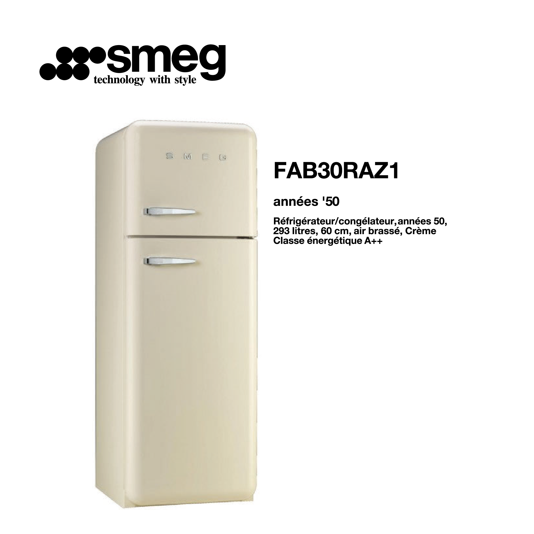 Réfrigérateur congélateur smeg Air brassé 293 Litre 60cm couleur Beige 2 portes FAB30RAZ1