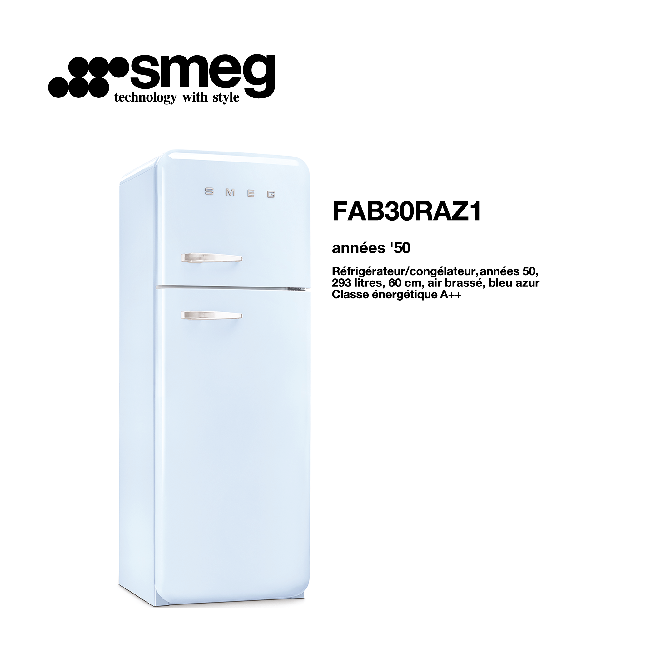 Réfrigérateur congélateur smeg Air brassé 293 Litre 60cm couleur Bleu azur 2 portes FAB30RAZ1