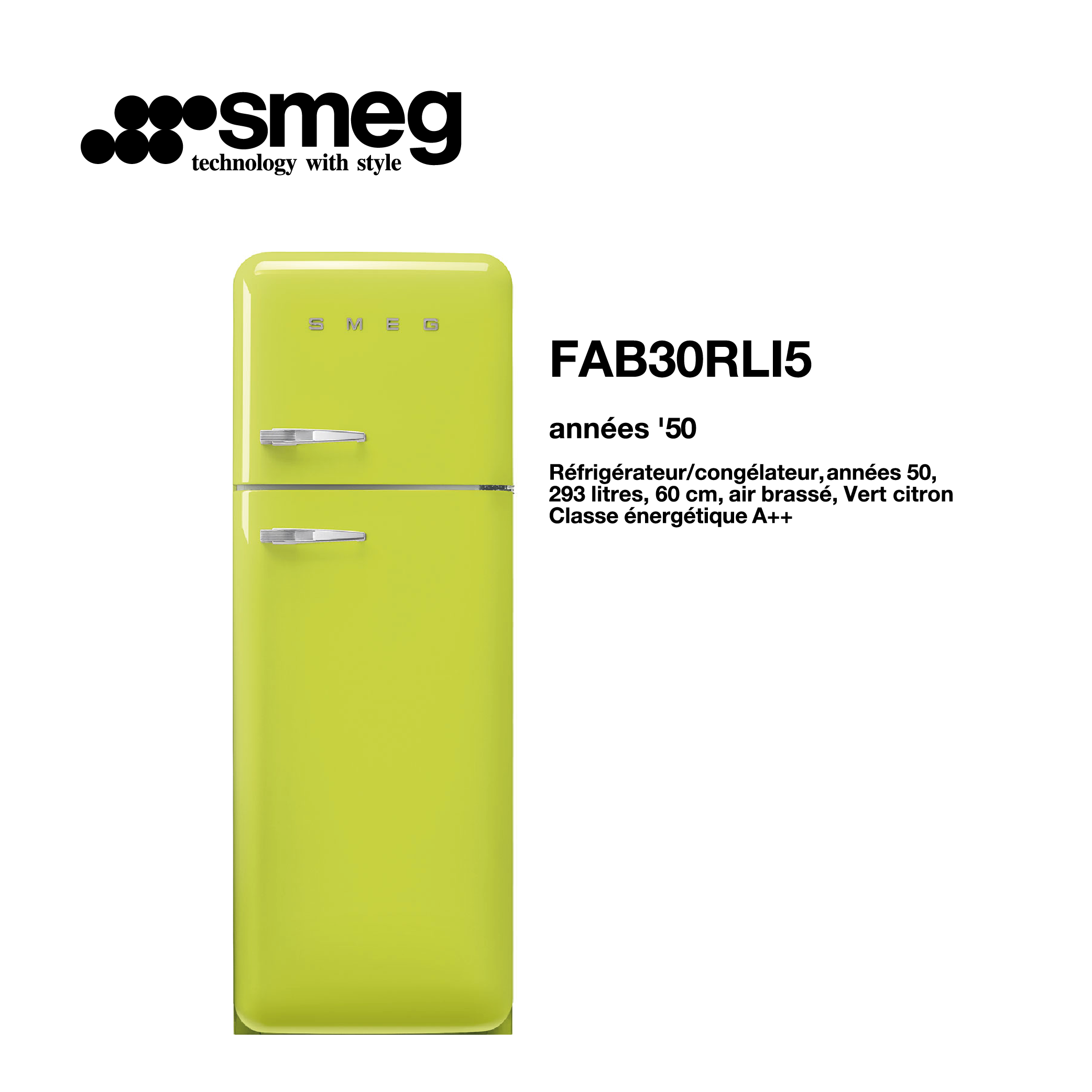 Réfrigérateur congélateur smeg Air brassé 293 Litre 60cm couleur vert 2 portes style années 50 FAB30RLI5