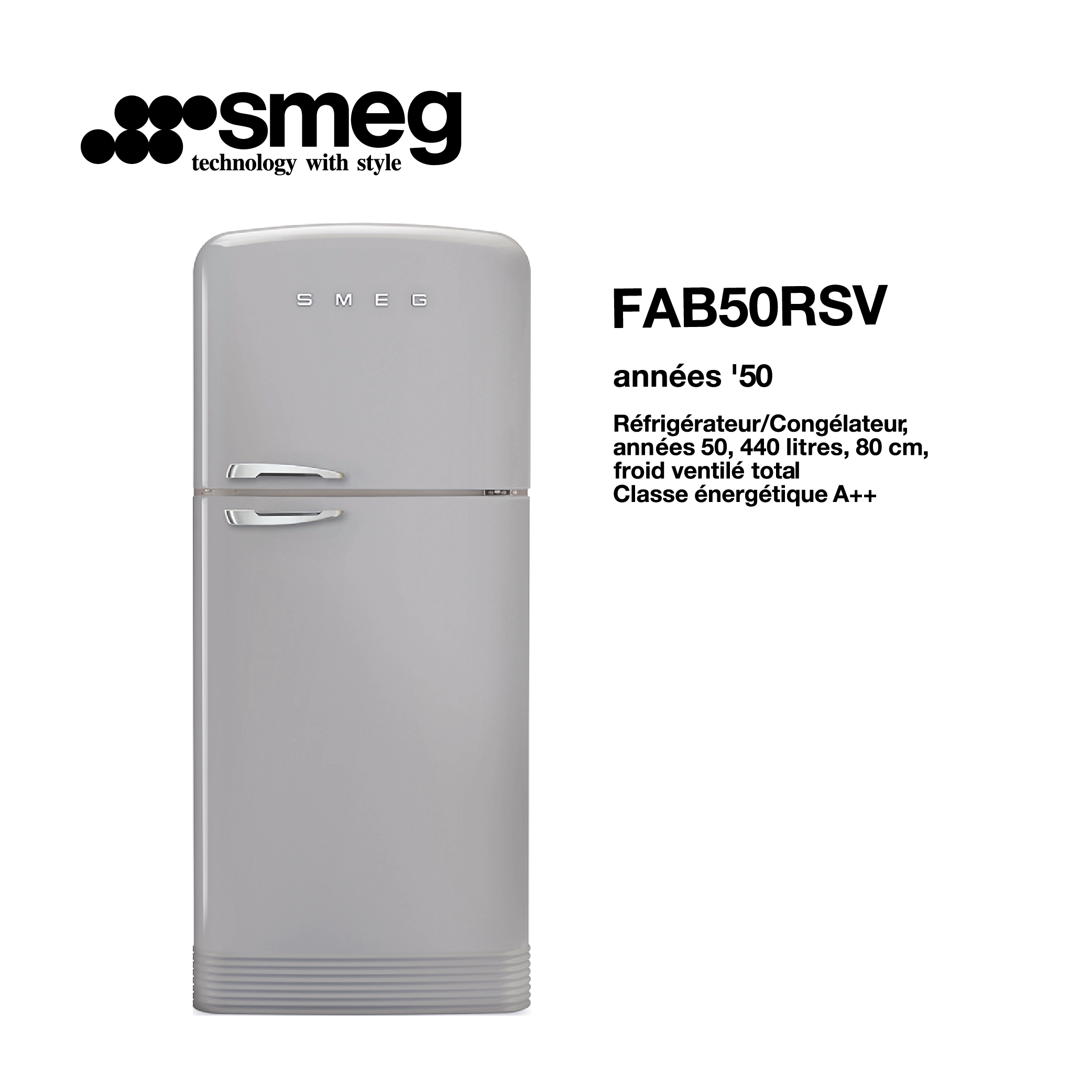Réfrigérateur congélateur smeg Froid Ventilé total 440 Litre 80cm couleur Gris 2 portes style années 50 FAB50RSV