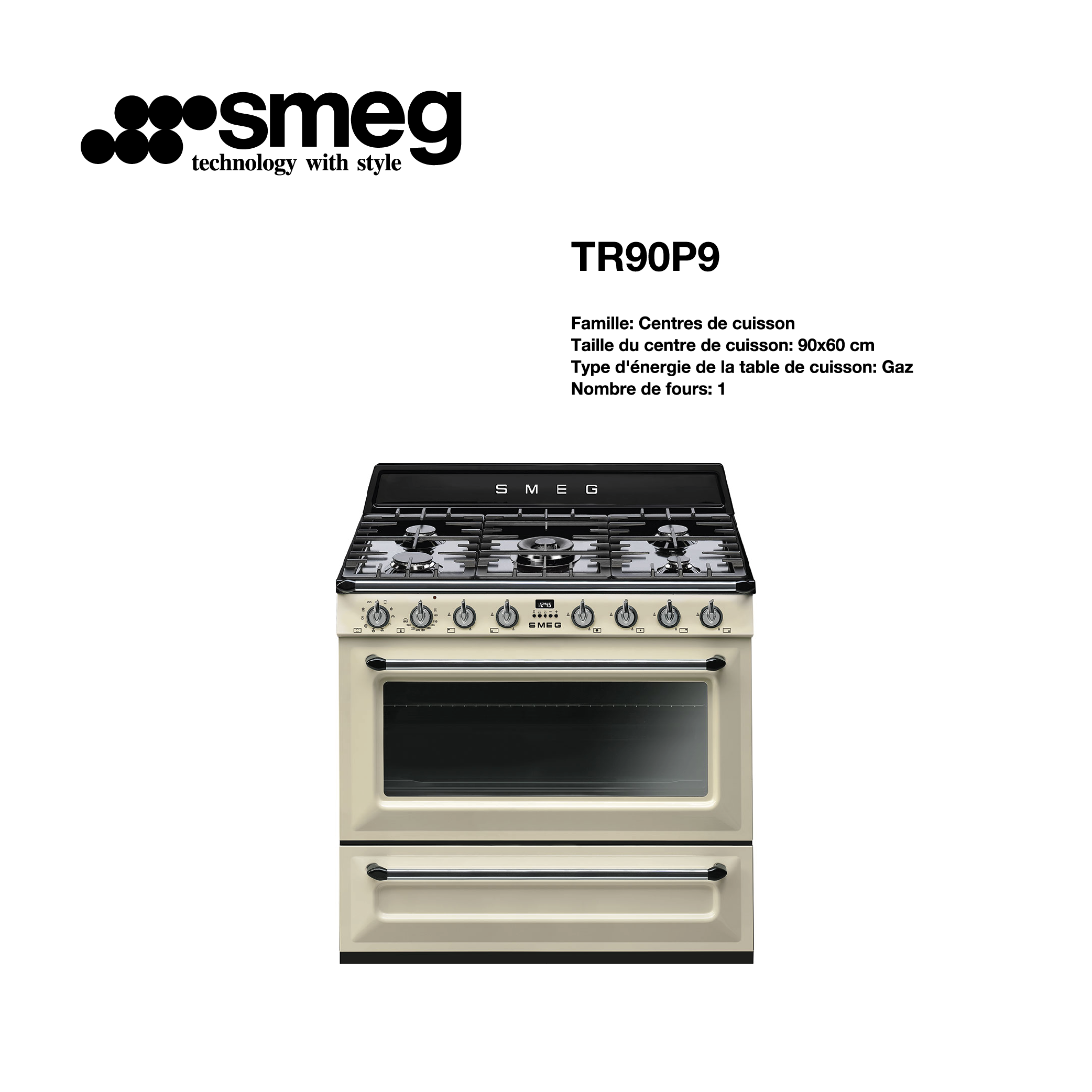 cuisinière SMEG gaz 5 feux avec four 90cmx60cm blanc cassé TR90P9