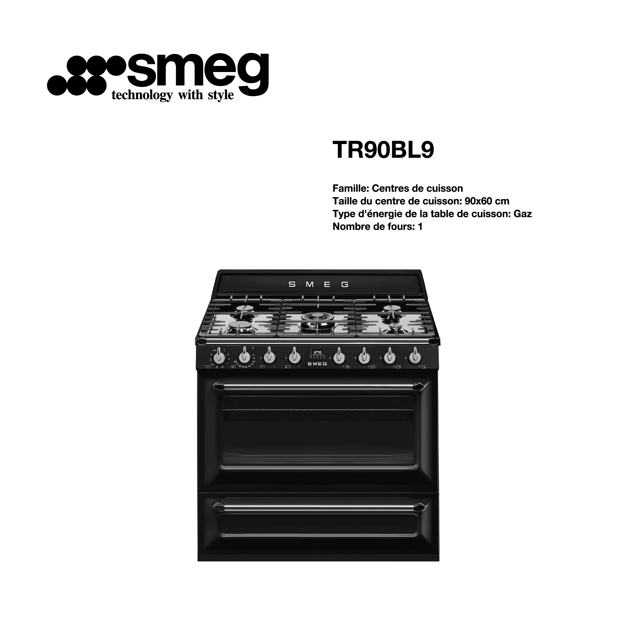 cuisinière SMEG gaz 5 feux avec four 90cmx60cm noir TR90BL9