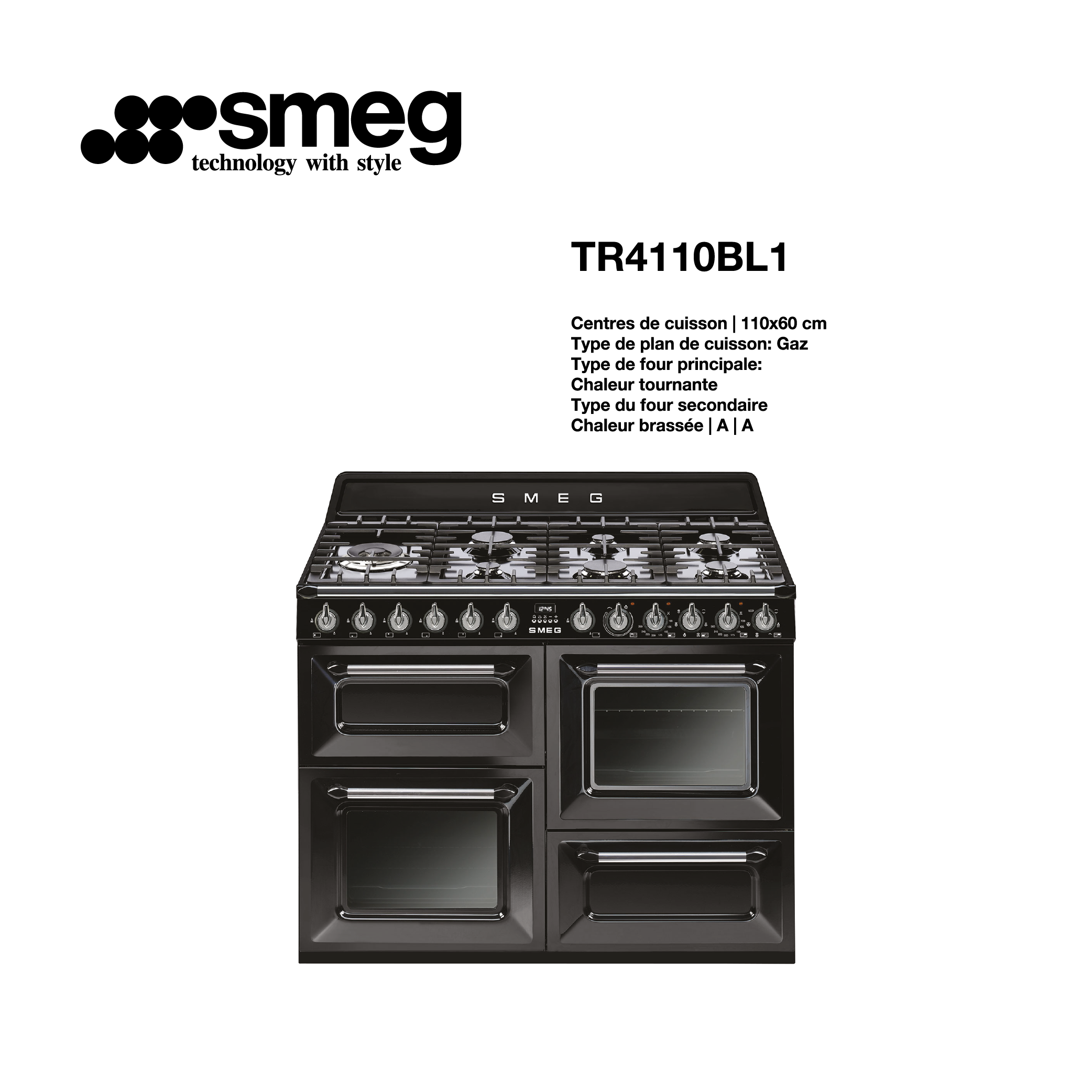 cuisinière SMEG gaz 7 feux avec 2 fours 110cm x 60cm TR4110BL1