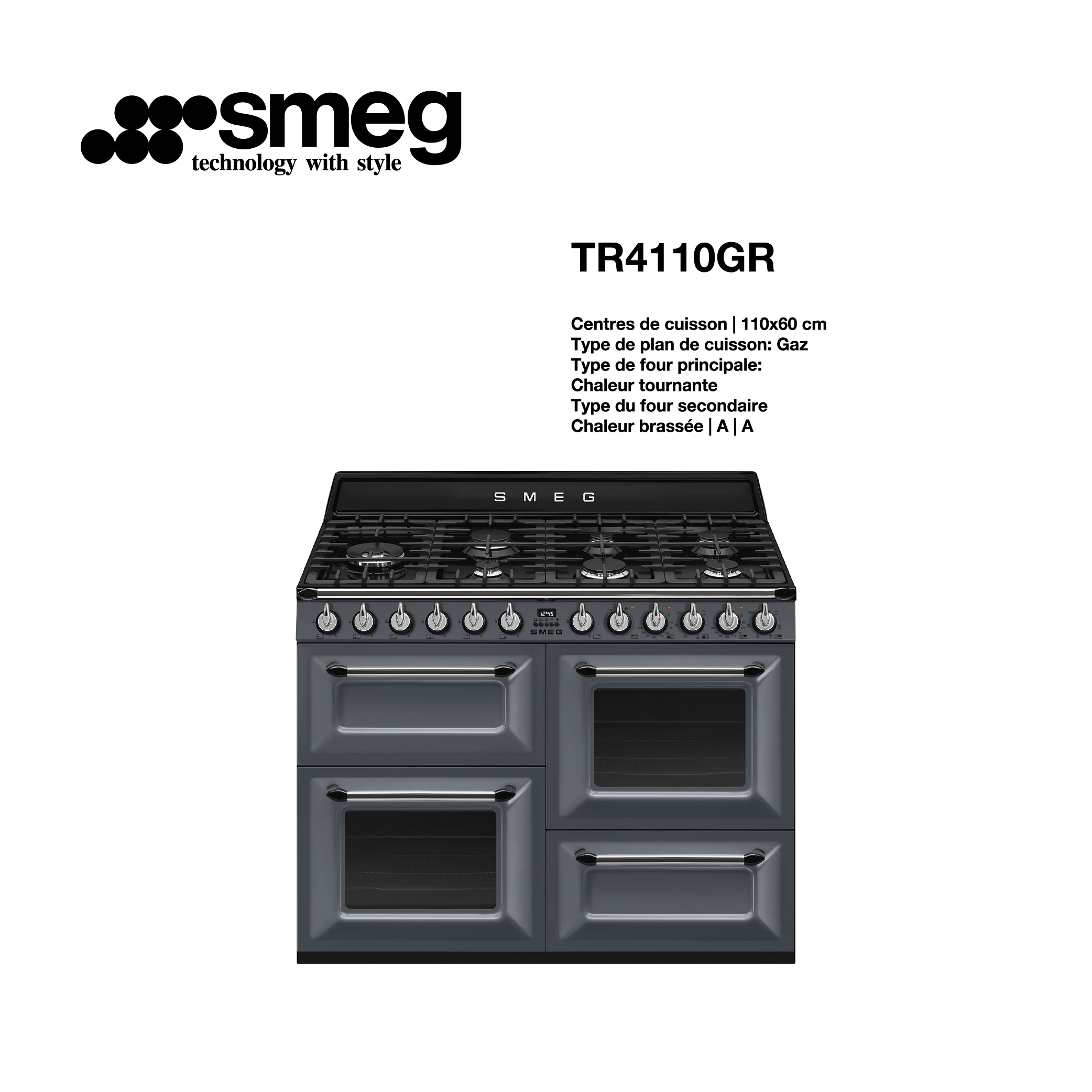 cuisinière SMEG gaz 7 feux avec 2 fours 110cm x 60cm TR4110GR