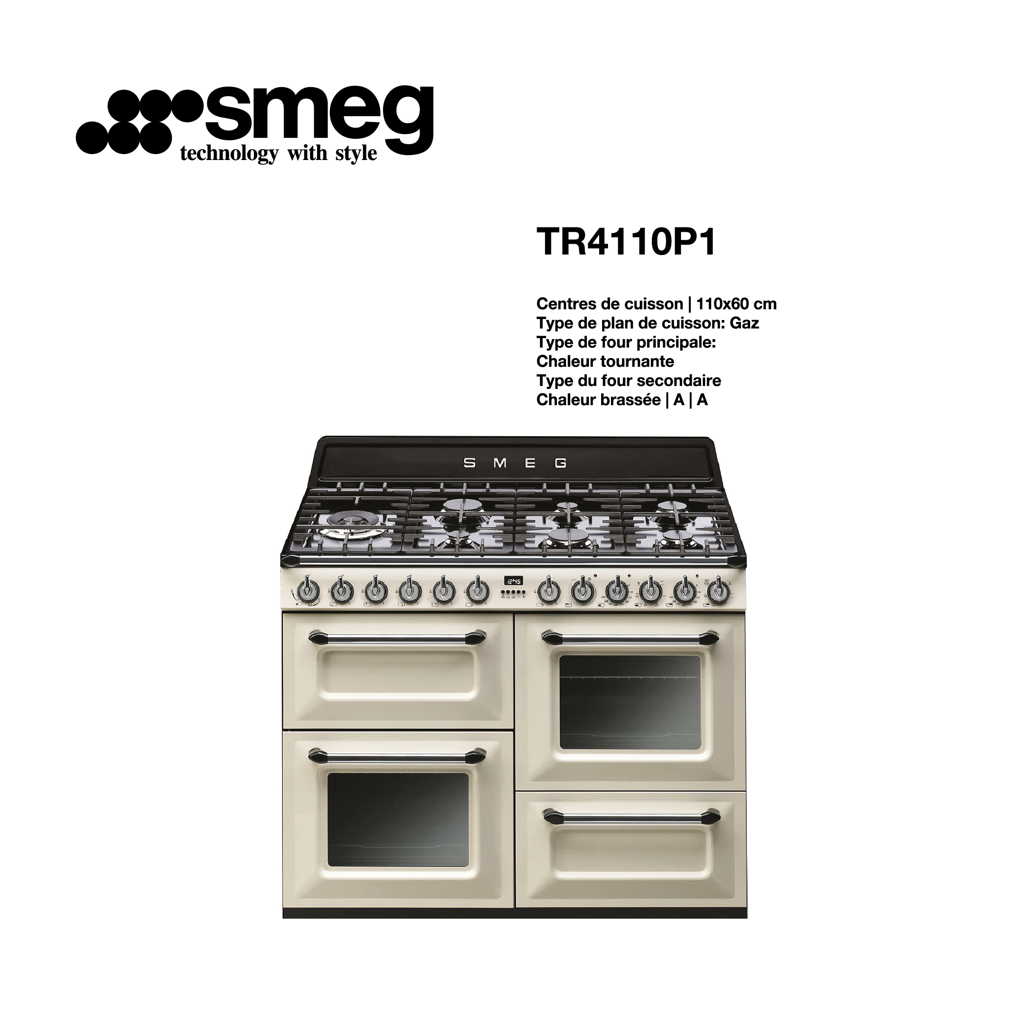 cuisinière SMEG gaz 7 feux avec 2 fours 110cm x 60cm TR4110P1