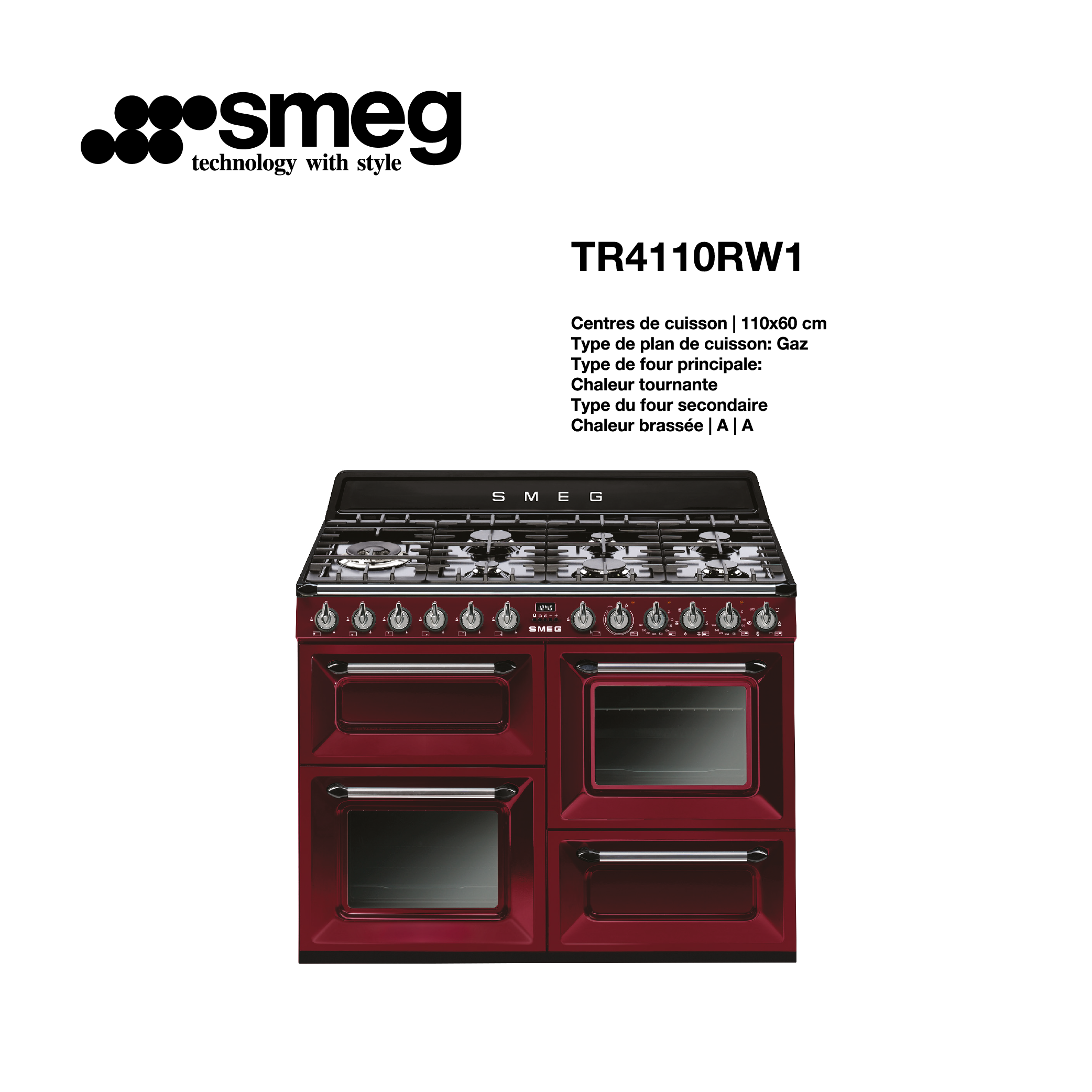 cuisinière SMEG gaz 7 feux avec 2 fours 110cm x 60cm TR4110RW1