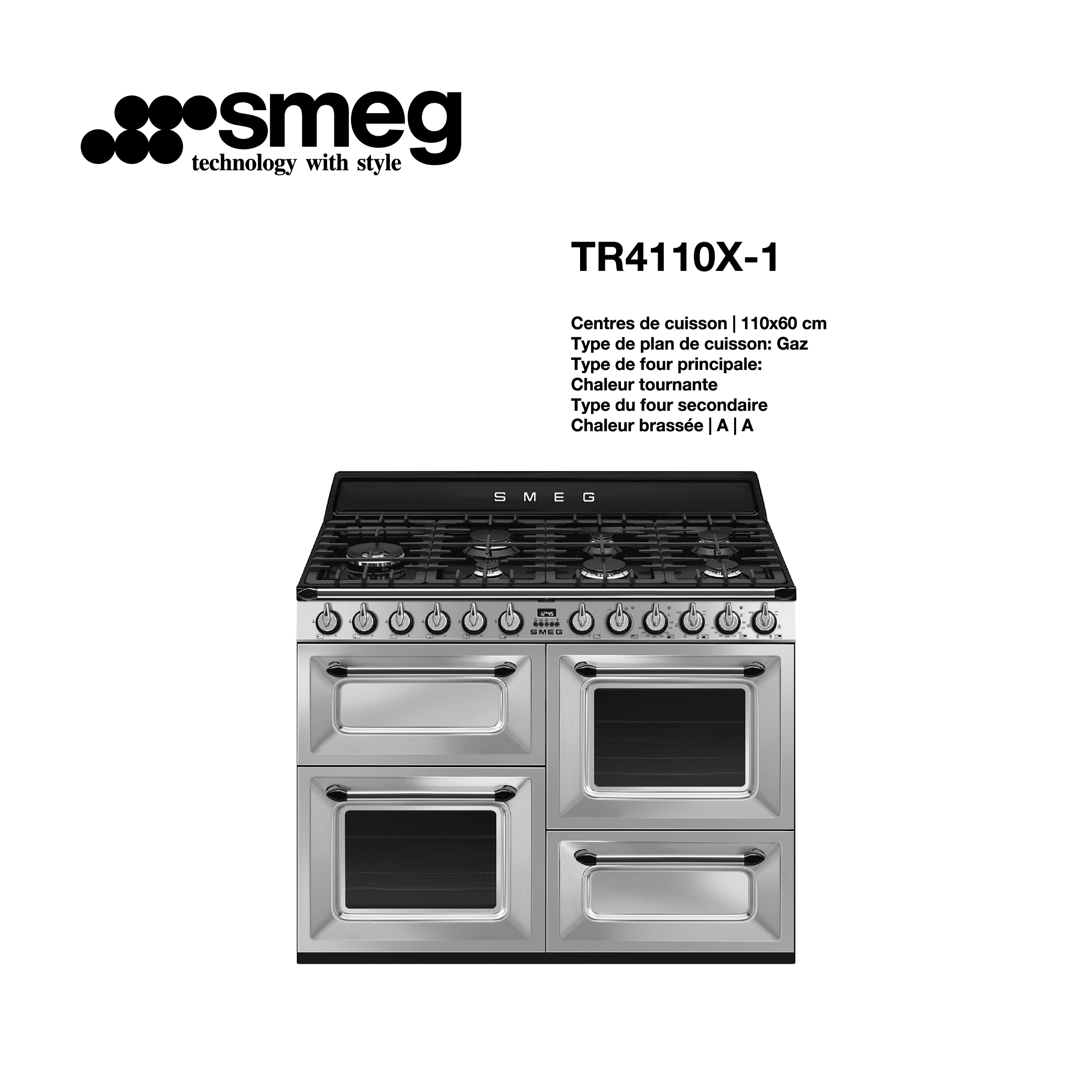 cuisinière SMEG gaz 7 feux avec 2 fours 110cm x 60cm TR4110X-1