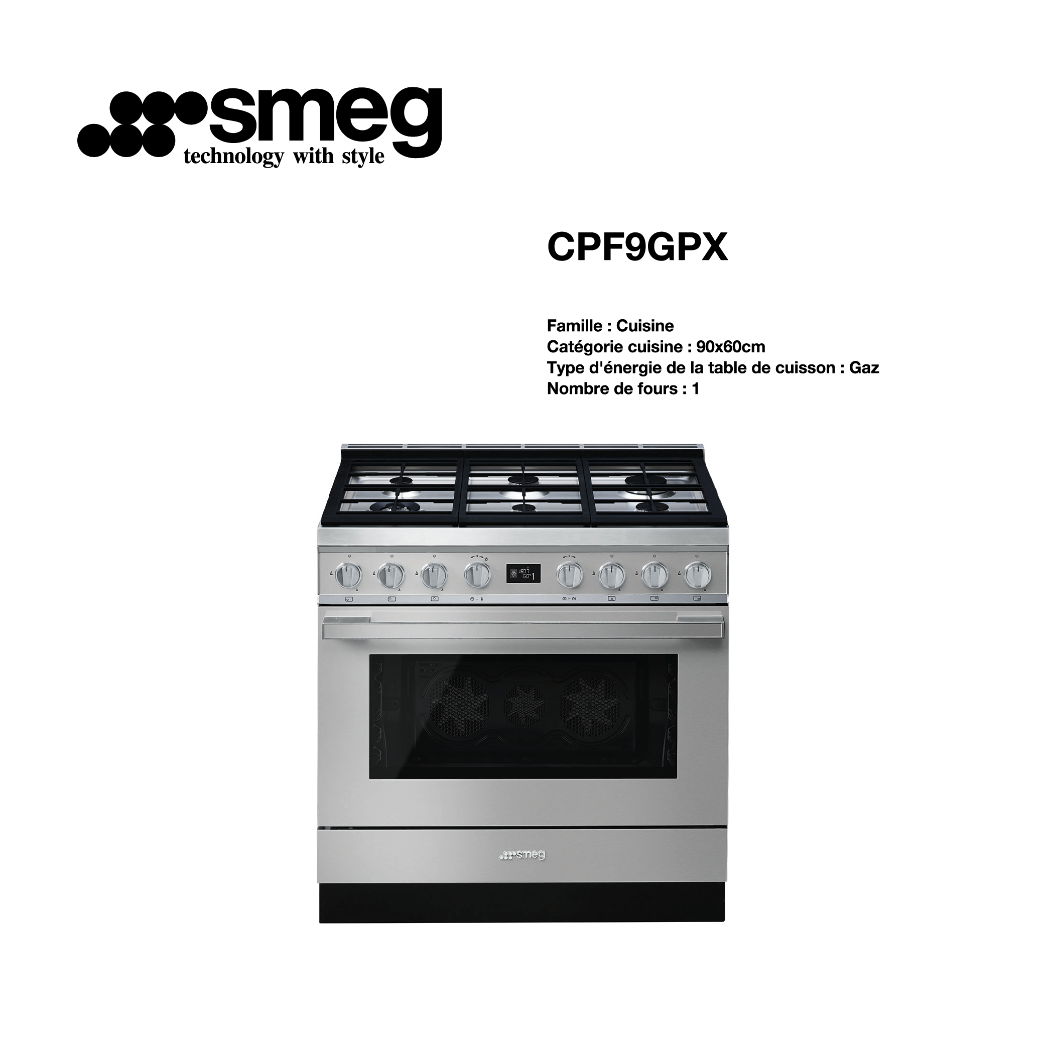 cuisinière smeg 6 feux a gaz avec four 90x 60 cm GRIS INOX CPF9GPX